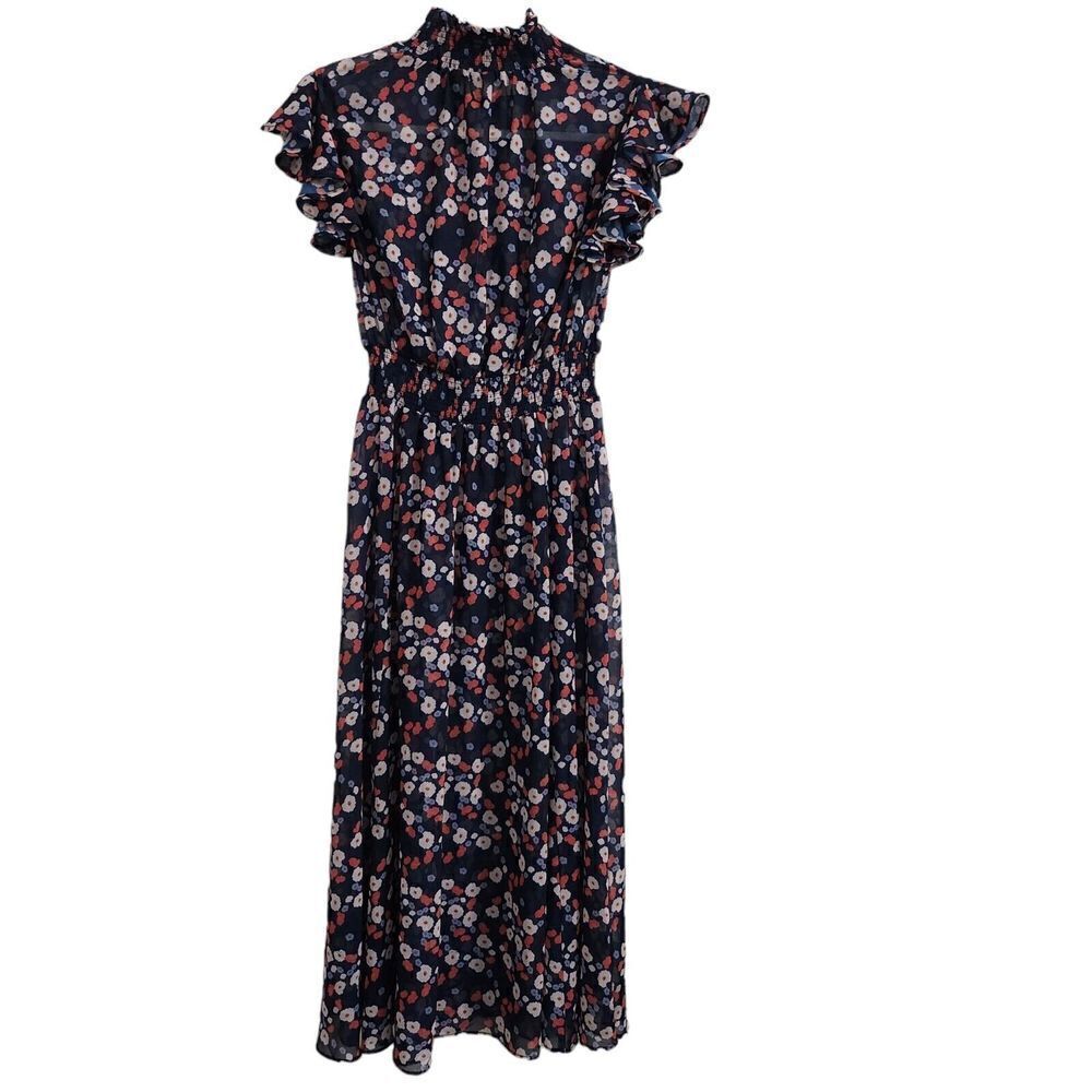 Keepsake The Label Dress‎ Small Navy Blue Floral Charmed Midi Flowy Short Sleeve